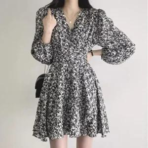 [라일리여성의류] Rly 브이넥 퍼프소매 플라워 쉬폰 미니원피스  42563498)