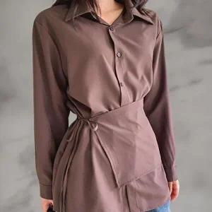 [옷자락]여성 독특 언발란스 랩 레이어드 루즈핏 긴팔 블라우스