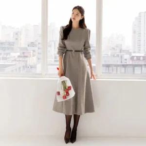 XXL까지) 헤몬다 헤링본 벨트 플레어 원피스 겨울 하객룩 오피스룩 모임룩 격식룩 연말룩 빅사이즈