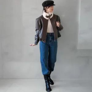 여성 클래식 퍼안감 하이넥 버클 가죽 무스탕 재킷