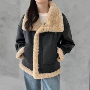여성 두툼 인조 퍼 안감 무스탕 하이넥 재킷