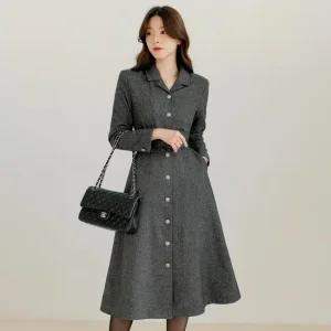 XXL까지) 사로벤 카라 벨트 헤링본 원피스 겨울 플레어 하객룩 오피스룩 모임룩 격식룩 연말룩 빅사이즈