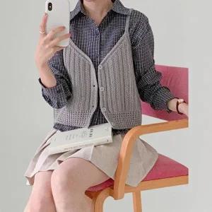 [옷자락]여성 체크 패턴 셔츠와 골지 니트 뷔스티에 세트
