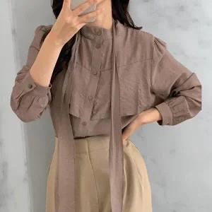 [옷자락]여성용 롱타이 가을 하객룩 버튼 시스루 날개 블라우스