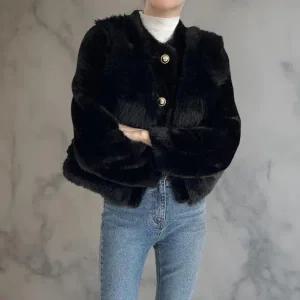 [다잇템] 여성 퍼 조합 금색 FW 연말 패션 FUR 단추 트리밍 코트