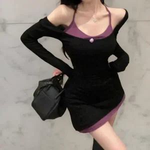 [신세계라이브쇼핑][옷자락] 여성 홀터넥 레이어드 슬림핏 언발란스 미니 드레스