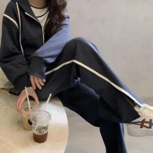 [신세계라이브쇼핑][옷자락] 여성 캐주얼 네이비 후드 집업 트임 바지 세트