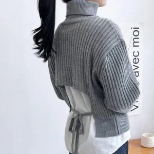 티셔츠 슬림 뒷 여자 겨울철 니트 스트랩 골지 목폴라