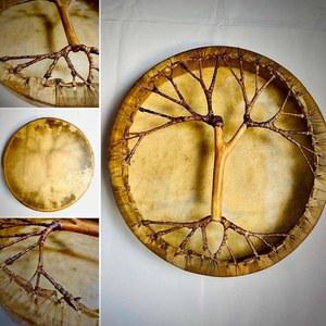 수제 샤먼 드럼 프레임 원형 16인치 18인치 20인치, 염소 가죽 트리 스타일 뒷면과 손잡이 자연의 리듬을 포용하세요 정통 아메리카 원주민 소울-스트링 비트(16인치)