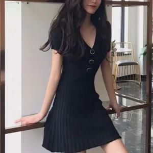 [하프클럽/]V라인 단추 숏기장 롱드레스 세미플레어 숏티 스판덱스 하객 결