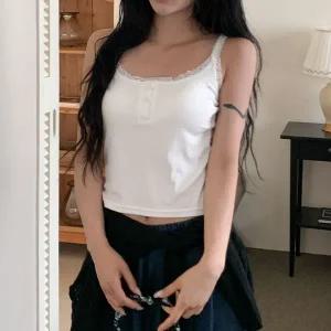 [알티피아]빅사이즈 레이스단추 크롭 캡나시 탑