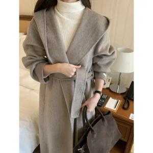 연말 모임룩 고급 울 후디 롱 핸드메이드 코트 가벼운 아우터 데일리 겨울 하객룩