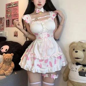 [하프클럽/ ]여자 스타킹 토끼유니폼 핑크젖소 메이드 세트