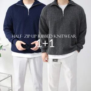 [엠클로]1+1 남자 오버핏 반집업 골지 니트 카라 맨투맨