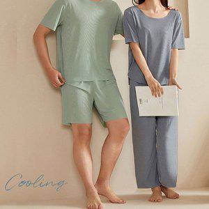 [ETN]헴라인 쿨링 홈웨어 세트 상의+하의 세트 여성 남성 여름 반바지 반팔 시원한 통풍 커플 잠옷