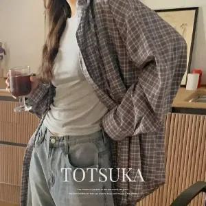 핫핑 [코지무드/꾸안꾸] 토츠카 오버핏 체크 후드 긴팔셔츠