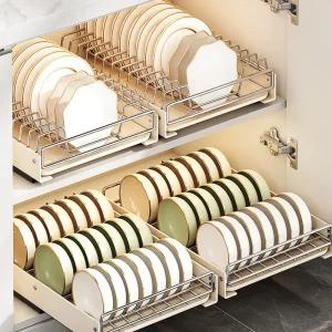 쉼공작소 주방 슬라이딩 그릇 정리함 선반 주방용품 수납 싱크대 하부장 선반 접시 정리대