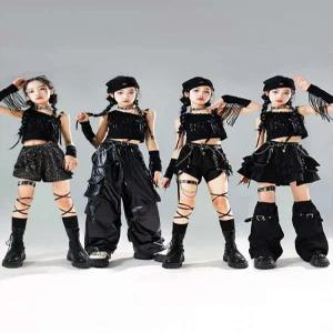 걸그룹 블랙 화려한 방송 댄스복 주니어 스팽글 술 가죽팬츠 무대 걸스힙합 공연복