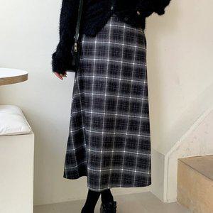 [옷자락]여성 뒷밴딩 체크패턴 롱 모직 겨울 스커트