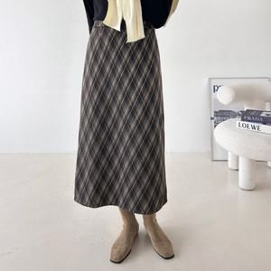 여자 겨울 포멀 정장 클래식 체크 패턴 모직 롱스커트