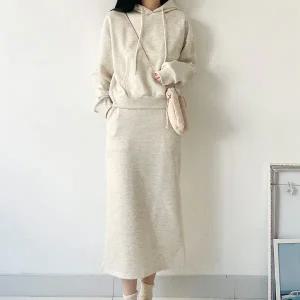 [하프클럽/] 7781 기모 후드 맨투맨 롱 스커트 세트룩 여성의류