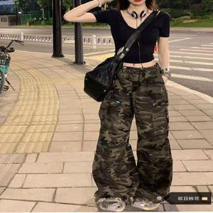 밀리터리 카고바지 와이드 여성 팬츠 초가을 복고풍 작업복 캐주얼 바지 밴딩