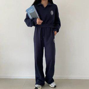 여성 3컬러 크롭 카라티셔츠 와이드팬츠 트레이닝셋업 (WFGRAOB)