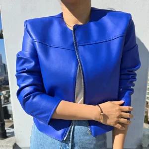 여성 스판  레더 노카라 크롭 자켓 레자 자켓 간절기 아우터