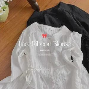 핫핑 [하객룩/격식룩] 에드원 레이스 리본 브이넥 긴팔블라우스