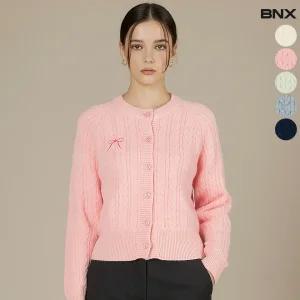 여성 리본 꽈배기 라운드 가디건