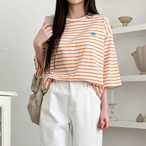 여자 사계절 스트라이프 오버핏 5부 티셔츠