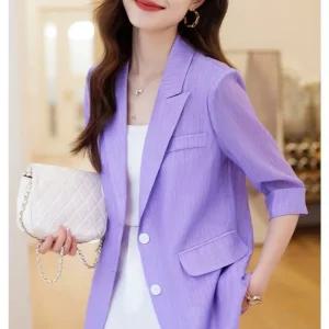 EAMT 여자 테일러드 자켓 보라색 슈트 봄여름 얇은 소매 패션 시스루 재킷 힛템