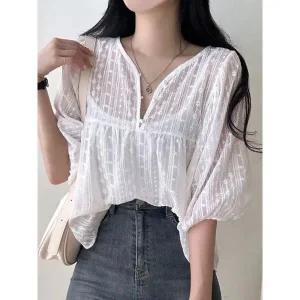 [하프클럽/샵앤]여성 반오픈 단추 펀칭 꽃자수 반팔 블라우스 끈나시 세트 M