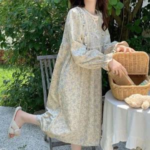 봄가을 잔꽃무늬 긴팔 홈웨어 원피스잠옷 간절기 수면 파자마
