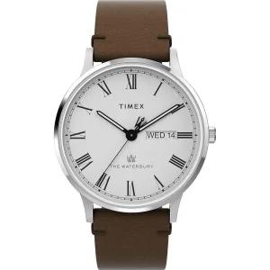 Timex 남성용 Waterbury 클래식 40mm 시계 - 브라운 스트랩 화이트 다이얼 스테인리스 스틸 케이스, 브라운