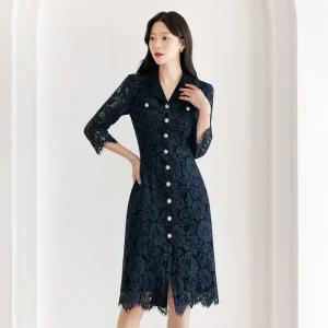 [시크라인] (~XXL까지) 뤼메이 카라 진주버튼 레이스 시스루 원피스 가을 하객룩 오피스룩 모임룩 격식룩 빅사이즈