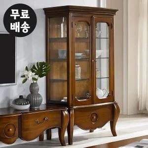 [벤티스가구]프렌 원목 장식장 엔틱 진열장 유리 수납장 거실 장식장 술 양주 위스키 가구 4단(브라운)