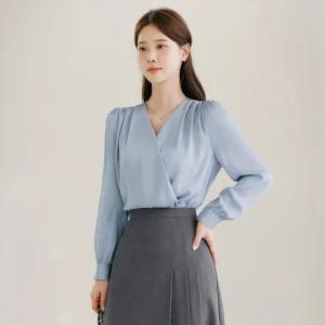 [시크라인] (~XXL까지) 로제인 새틴 셔링 랩 블라우스 가을 하객룩 오피스룩 모임룩 격식룩 빅사이즈