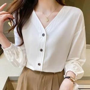출근룩 하객룩 브이넥 코튼 데일리 블라우스