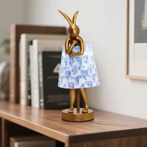 Rabbit 리넨 쉐이드 및 골드 톤 레진 베이스가 있는 테이블 램프, 무선 충전식 LED 책상 조명, 어린이 방,