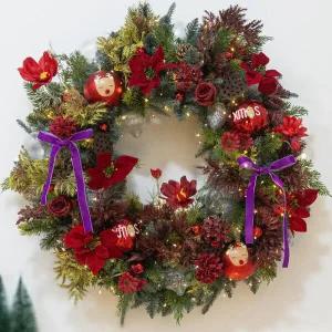 /플라워트리 크리스마스 리스 벽장식 마로니에 퍼플리본 80cm 소품