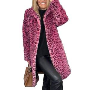 MSOPCCA 여성 인조 모피 코트 겨울 퍼지 롱 라펠 오픈 프론트 레오파드 프린트 재킷 웜 오버코트