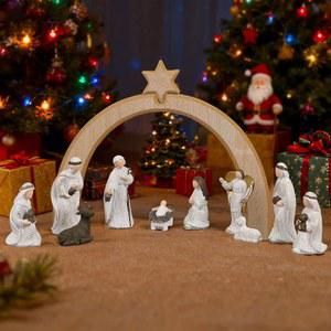 루루 홈 11피스 크리스마스 성탄절 장면 세트, 레진 피규어에는 성가족, 아기 예수, 마리아, 요셉, 테이블탑 선반 홀리데이 장식용 미니 장식이 포함되어 있습니다