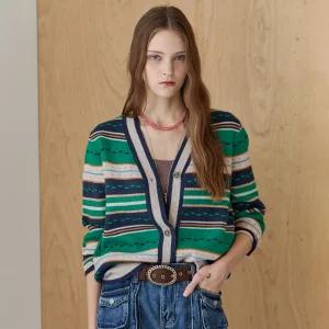 [MAXZA] 도트 라인 컬러블록 브이넥 니트 가디건