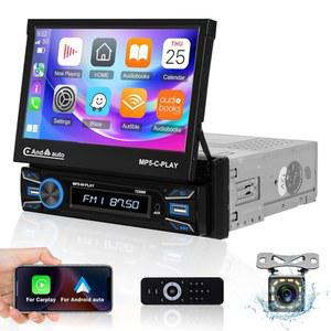 싱글 딘 터치스크린 카 스테레오(무선 카플레이 및 안드로이드 오토 포함) - 블루투스, 미러 링크/FM/EQ/USB/AUX/SWC + 12개 LED 백업 카메라 마이크 포함 7인치 1인치 플립 아웃 라디오