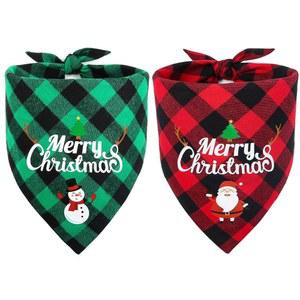 활기찬 크리스마스 강아지 반다나, 산타와 스노우맨 프린트가 있는 클래식 격자무늬 삼각형 애완동물 스카프 2팩, 소형 대형견을 위한 홀리데이 펫 코스튬 (그린 앤 레드)