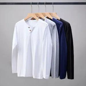 남자 베이직 긴팔 V넥 단추 레이어드 면 쿨링 티셔츠