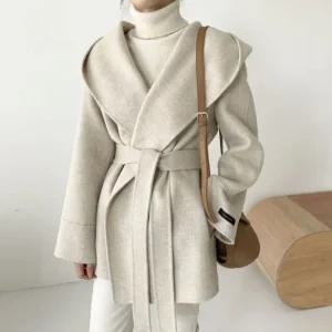 모자달린코트 후드 모직 겨울 베이지 반코트 빅카라 아우터