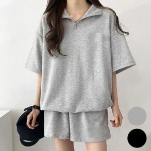 [아우트]무지 반팔 트레이닝복 반집업 반바지 세트