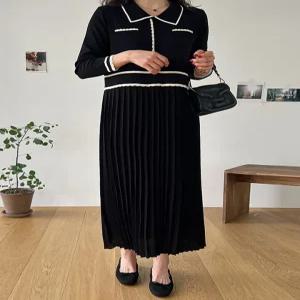 (귈림) 배색 카라넥 플리츠 니트 원피스(G5FOP052P)